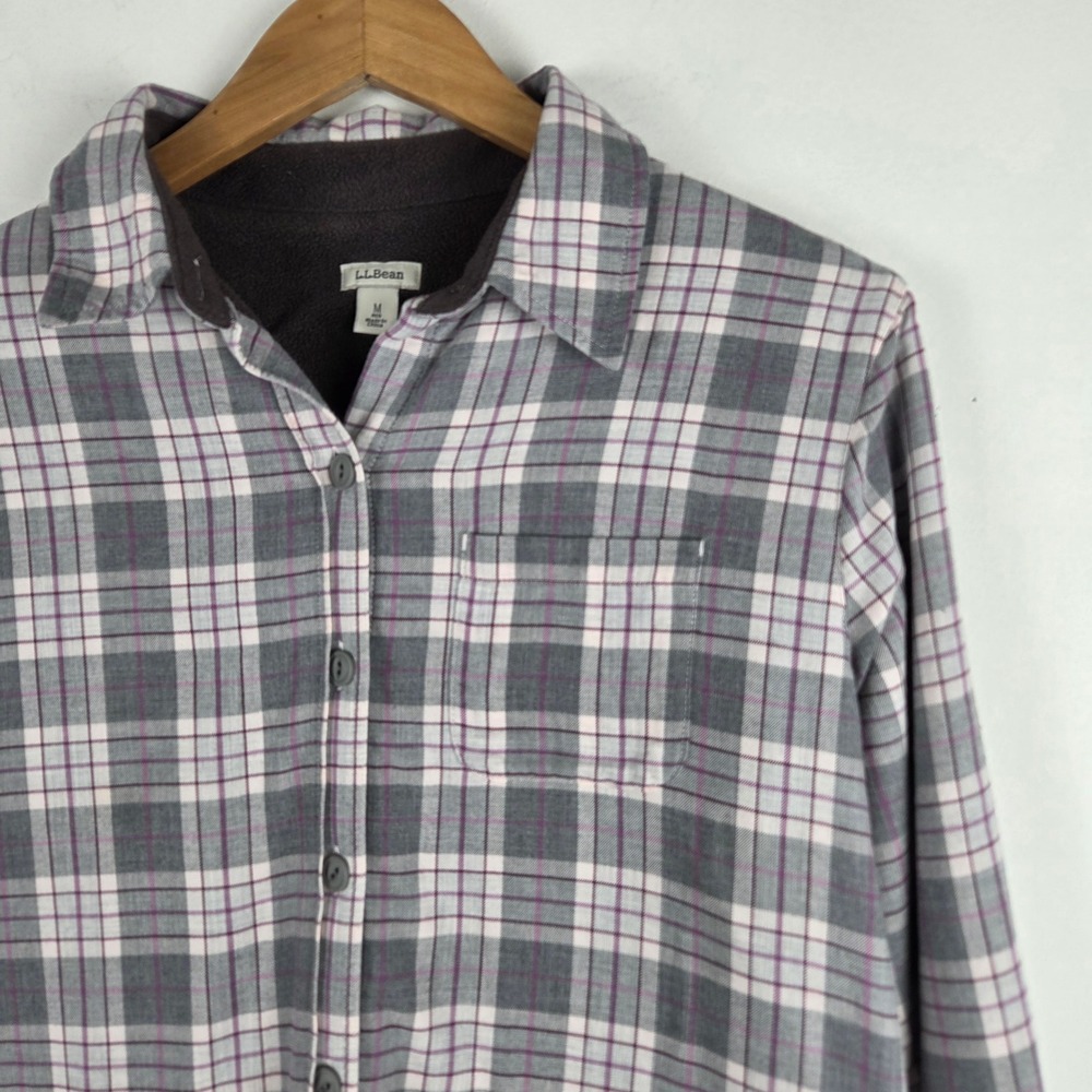 LL Bean Womens Flannel Fleece Lined Shirt Jacket Gray Purple Plaid M Cabincore - Picture 2 of 12